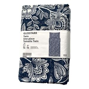 New Ikea GLESSTARR Twin Duvet cover and pillowcase dark blue/white Floral
